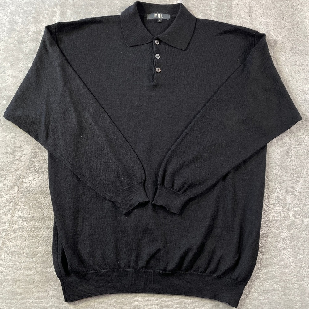 Fiji Sweater Polo Mens‎ XL Black Long Sleeve Italy Knit Collared Office Preppy